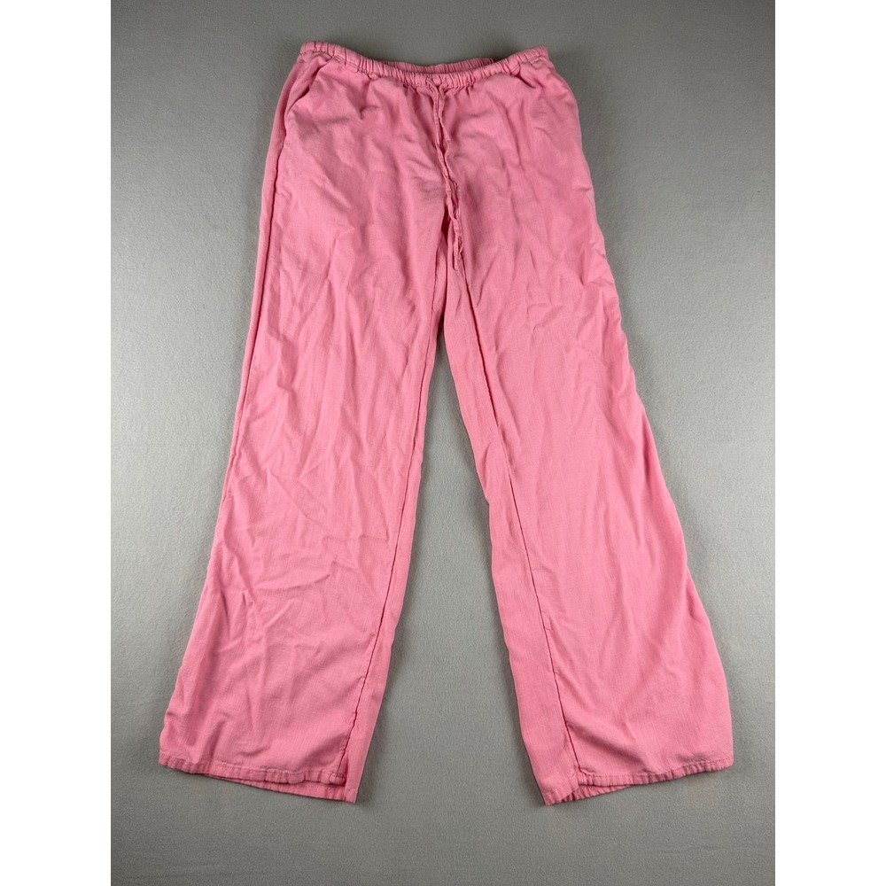 Pink Linen Blend Drawstring Wide Leg Pants Womens Casual Beach Trousers